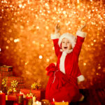 Christmas Kid, Happy Child Presents Gifts and Red Santa Bag, Boy