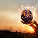 Abstract science, hands touching earth and circle global network