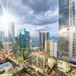 Amazing night skyline of Downtown MIami. Wide angle view of city