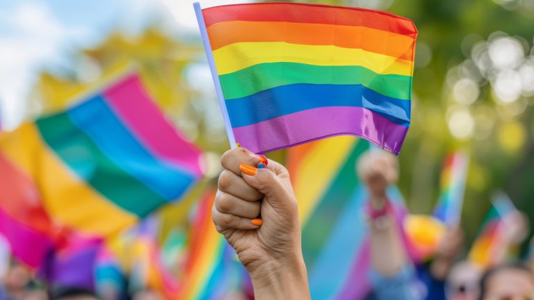 Silhouettes and hands of People Holding Gay Pride Symbol rainbow FLag. AI generated