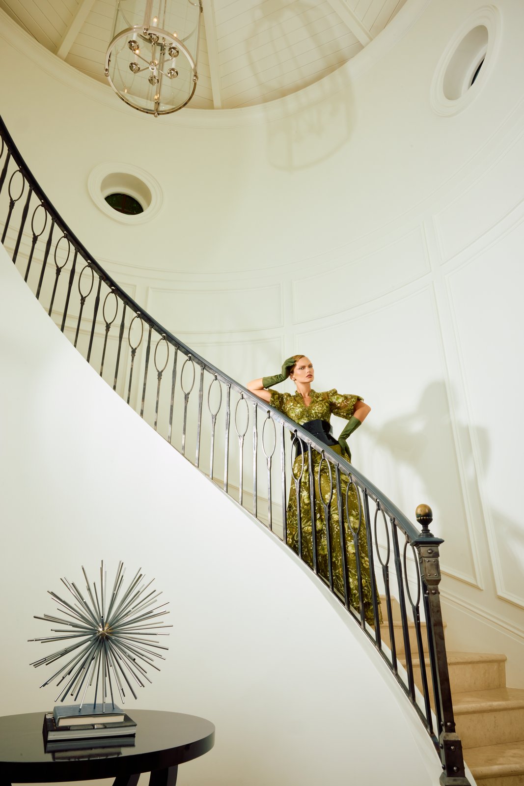 The Art of Living fashion editorial — Dress: MAC DUGGAL, Gloves: BERGDORF GOODMAN, Belt & Shoes: GUCCI